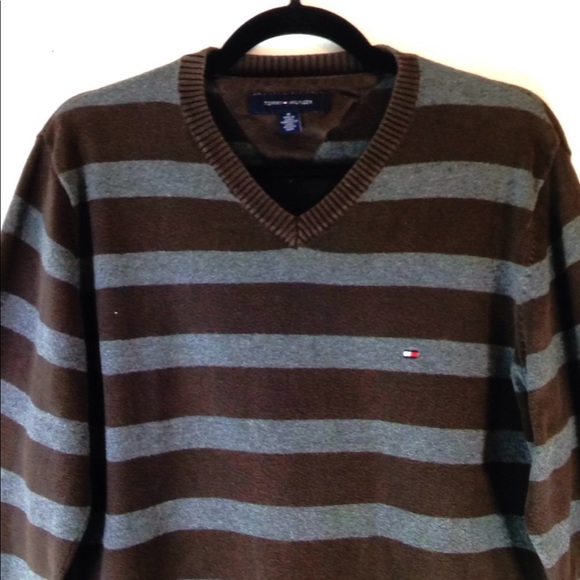 💋Tommy Hilfiger Stripe Logo Cotton V Neck Sweater - Picture 4 of 8
